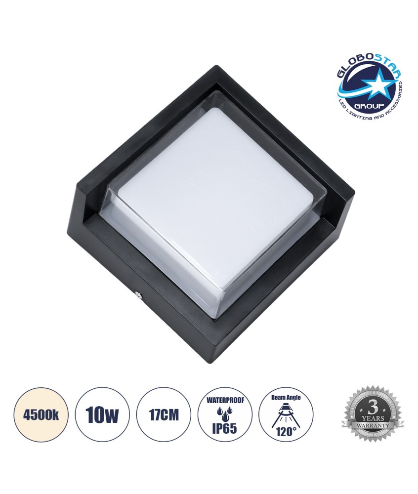 GLOBOSTAR® APEX 60770 Μοντέρνο Φωτιστικό Τοίχου - Απλίκα LED 10W 1050lm 120° AC 220-240V Αδιάβροχο IP65 Φυσικό Λευκό 4500K - Bridgelux SMD Chip - Μαύρο Ματ - Μ17 x Π17 x Υ9cm - 3 Χρόνια Εγγύηση